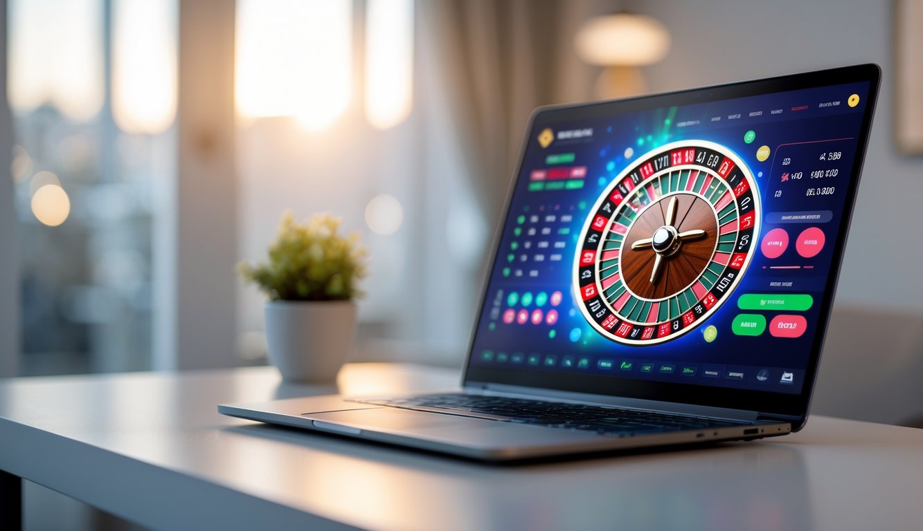 Sebuah laptop menampilkan roda roulette digital berwarna-warni di atas meja dengan pencahayaan lembut di ruang yang nyaman.