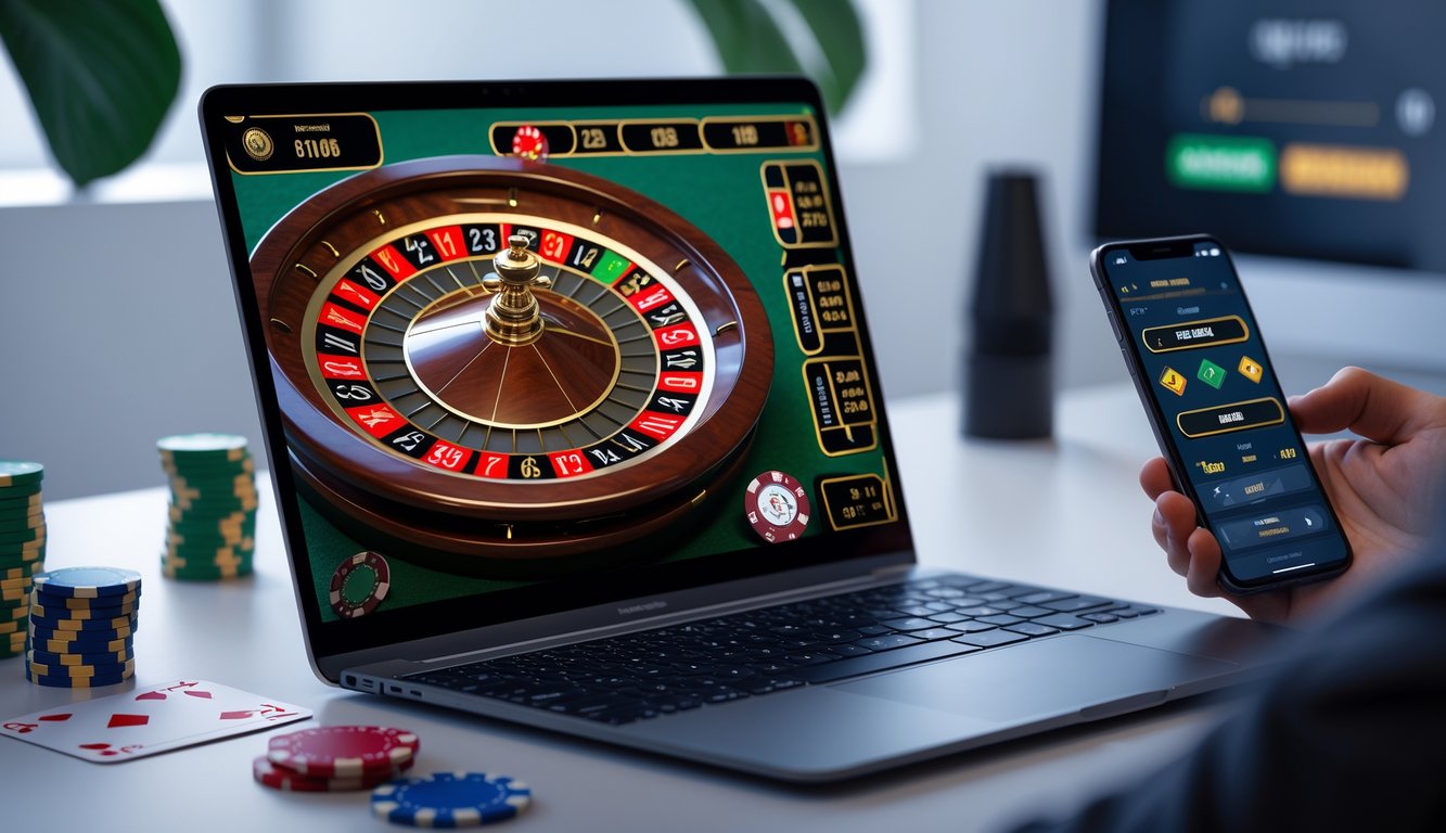 Sebuah meja kerja dengan komputer menampilkan roda roulette digital dan beberapa chip poker di sekitarnya.