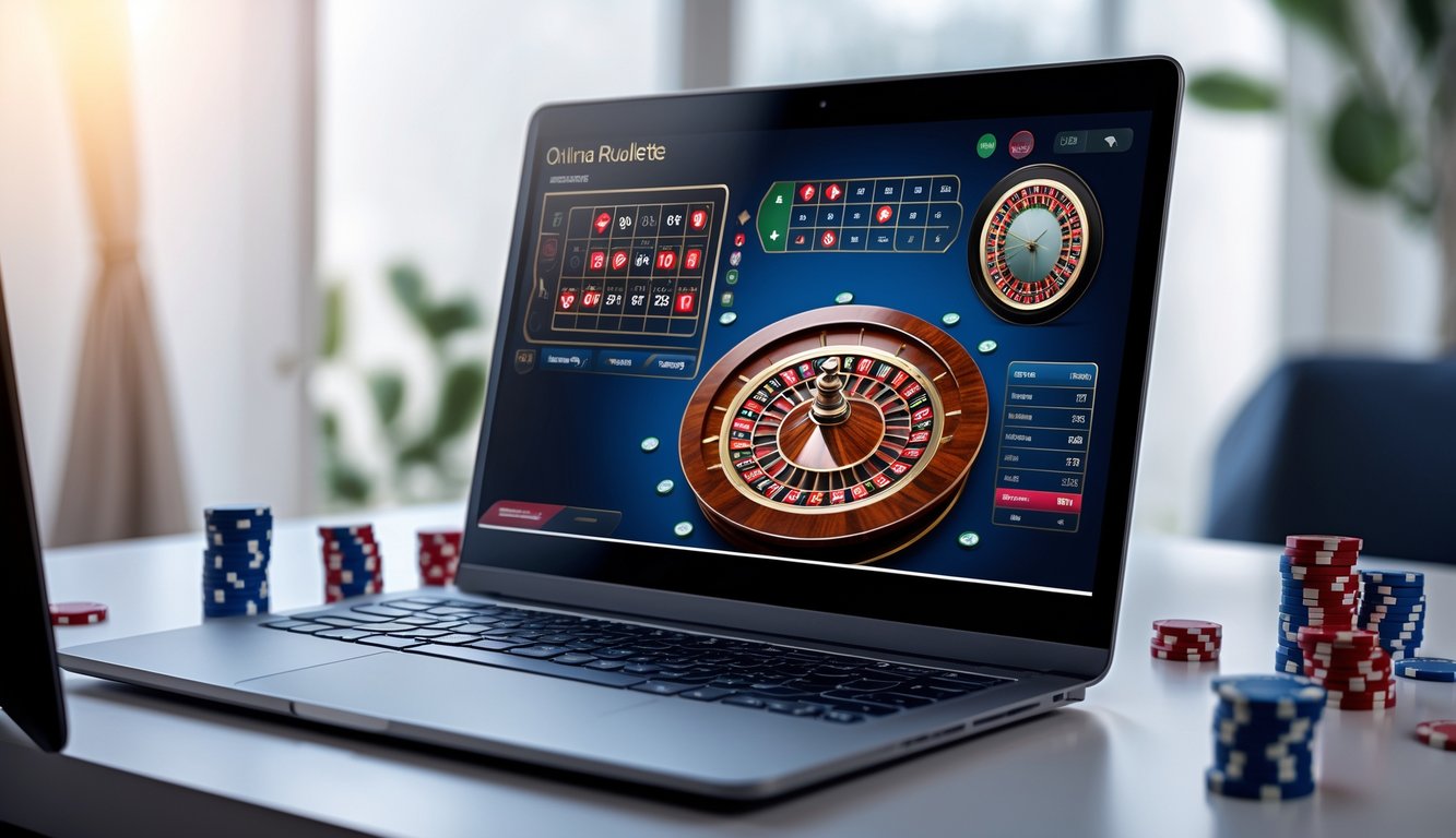 Seseorang sedang bermain roulette online di komputer dengan tampilan roda roulette dan chip poker di meja.