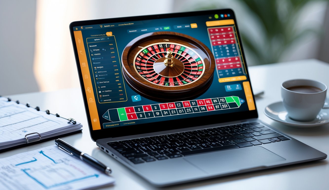Sebuah laptop menampilkan roda roulette digital dengan meja taruhan, di atas meja terdapat buku catatan, pena, dan secangkir kopi.