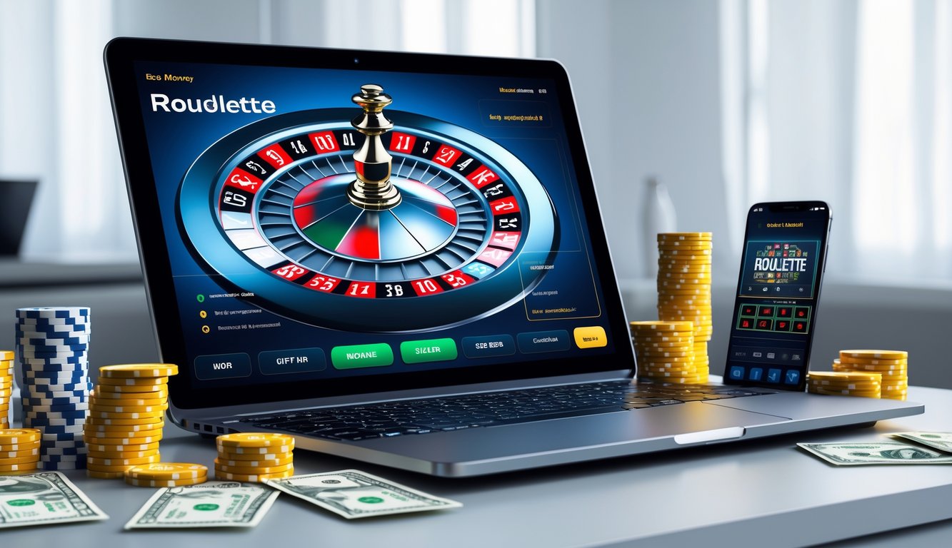 Sebuah komputer menampilkan permainan roulette online dengan tumpukan chip kasino dan uang di sekitarnya.
