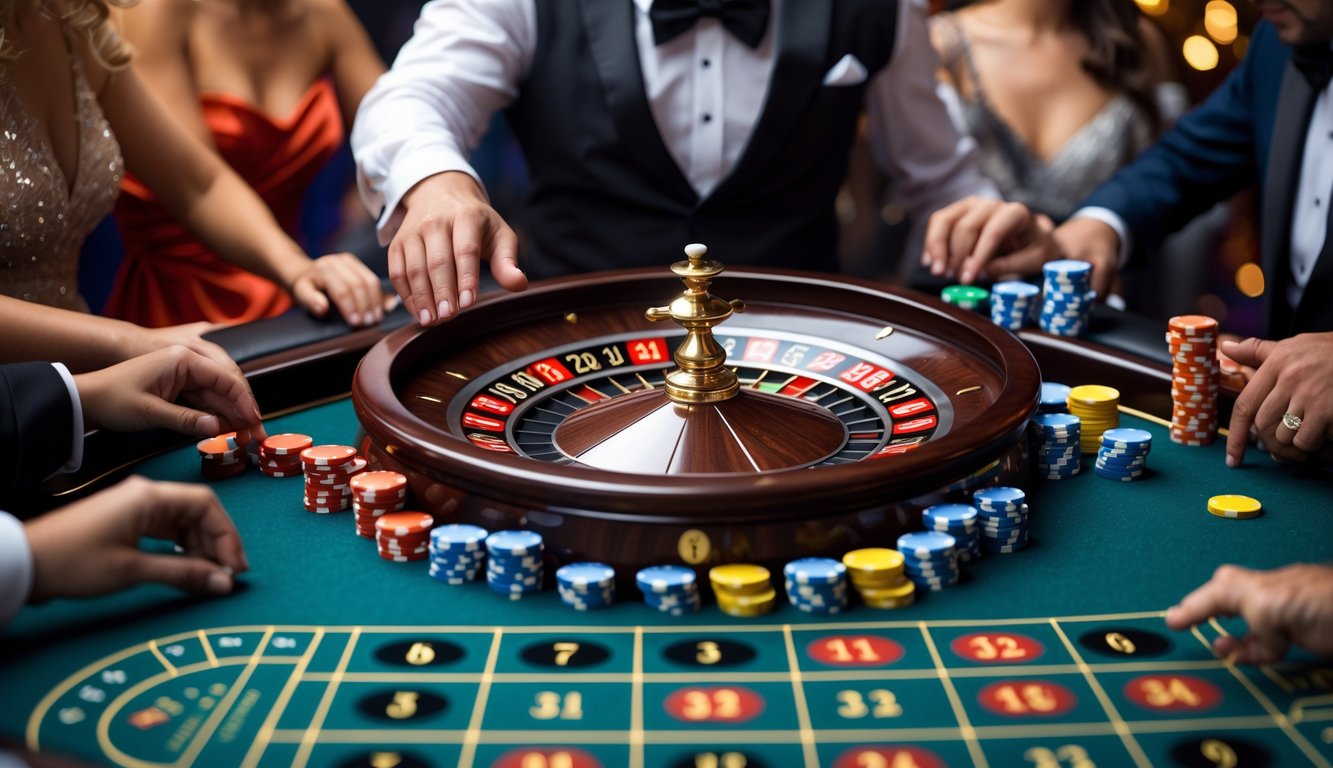 Meja roulette kasino langsung dengan pemain yang memasang taruhan dan dealer mengelola permainan.