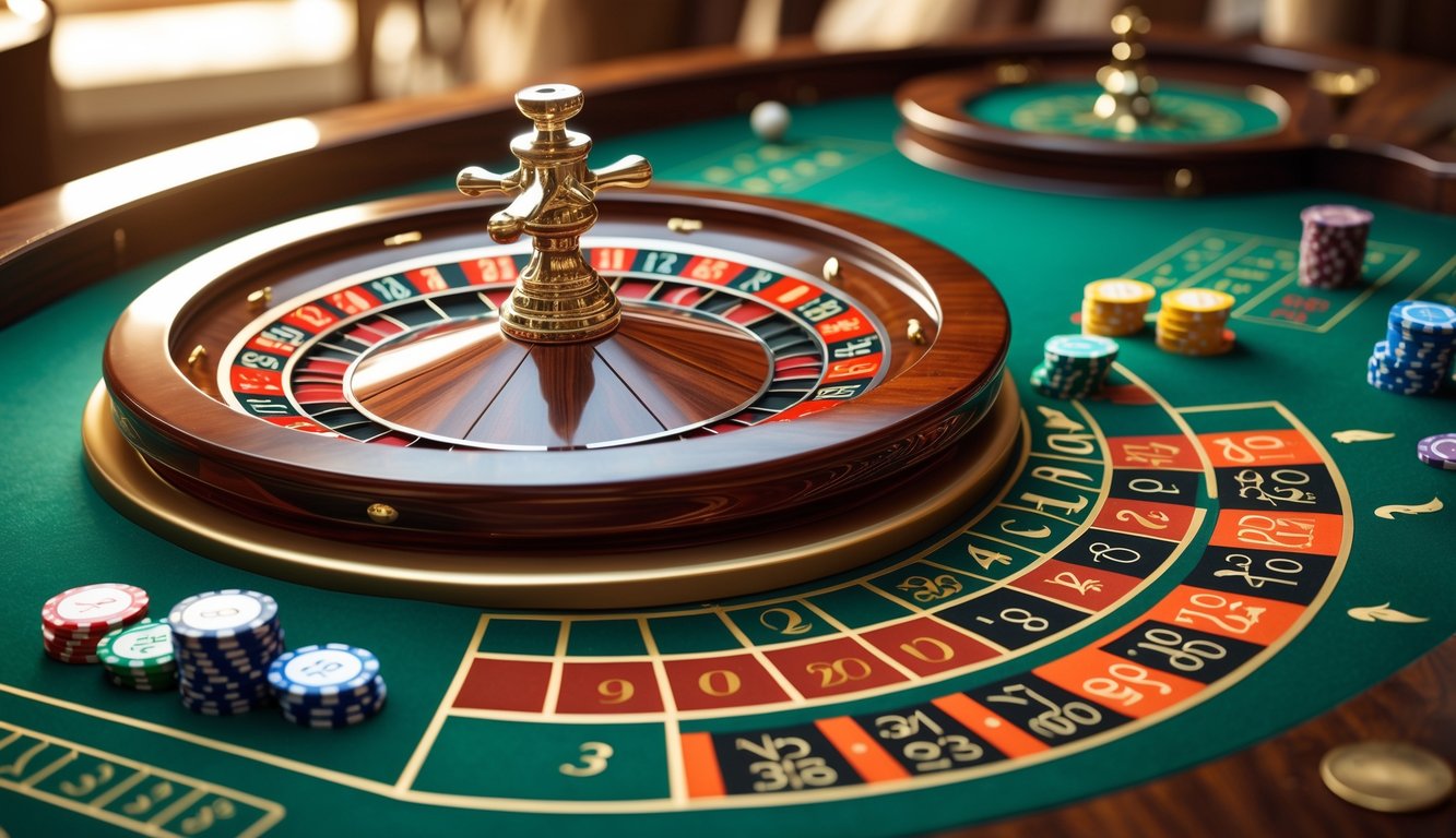 Meja roulette kasino dengan roda yang berputar dan chip taruhan di atasnya.