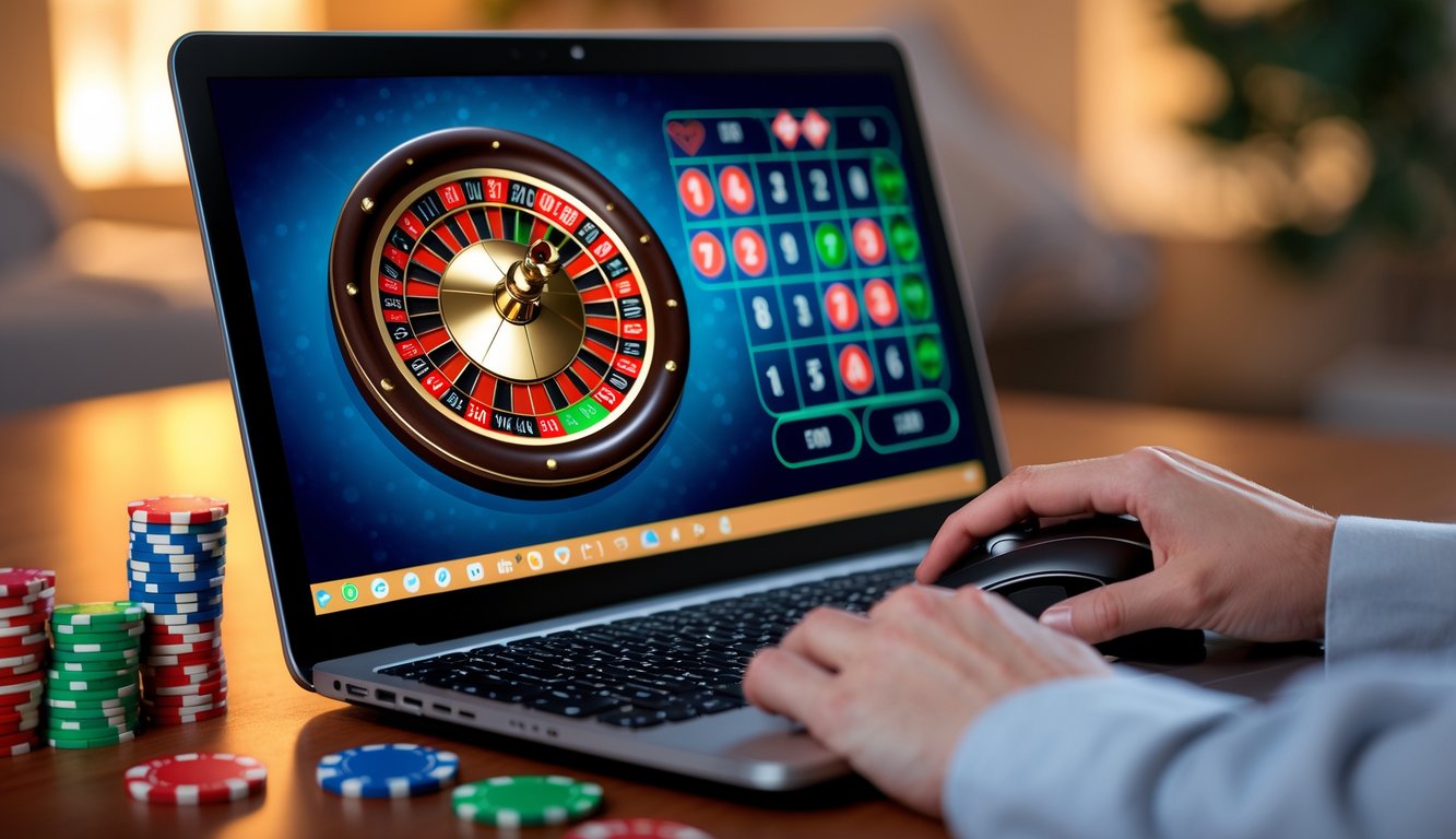 Seseorang menggunakan laptop dengan tampilan roda roulette dan chip taruhan di meja.