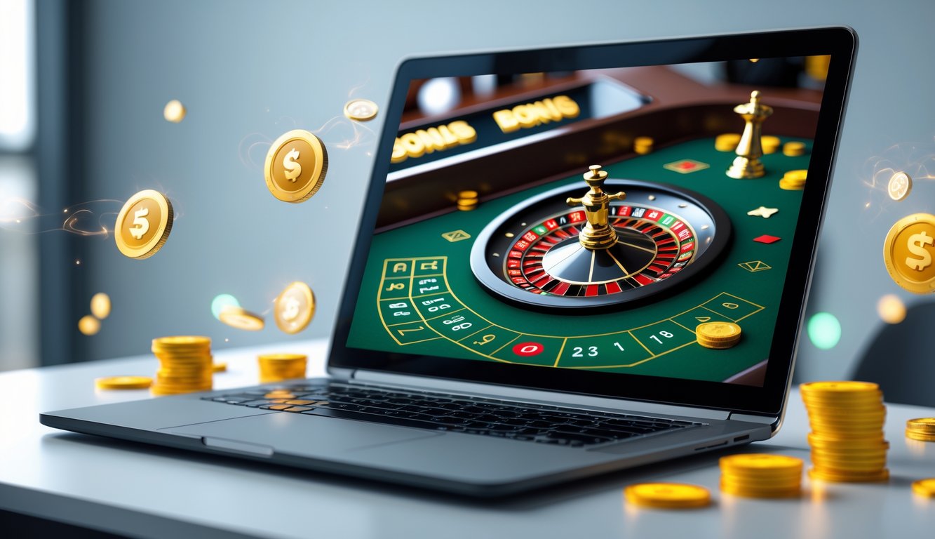 Layar laptop menampilkan permainan roulette online dengan roda roulette berwarna merah, hitam, dan hijau yang berputar, dikelilingi oleh ikon bonus dan koin di meja kerja yang rapi.