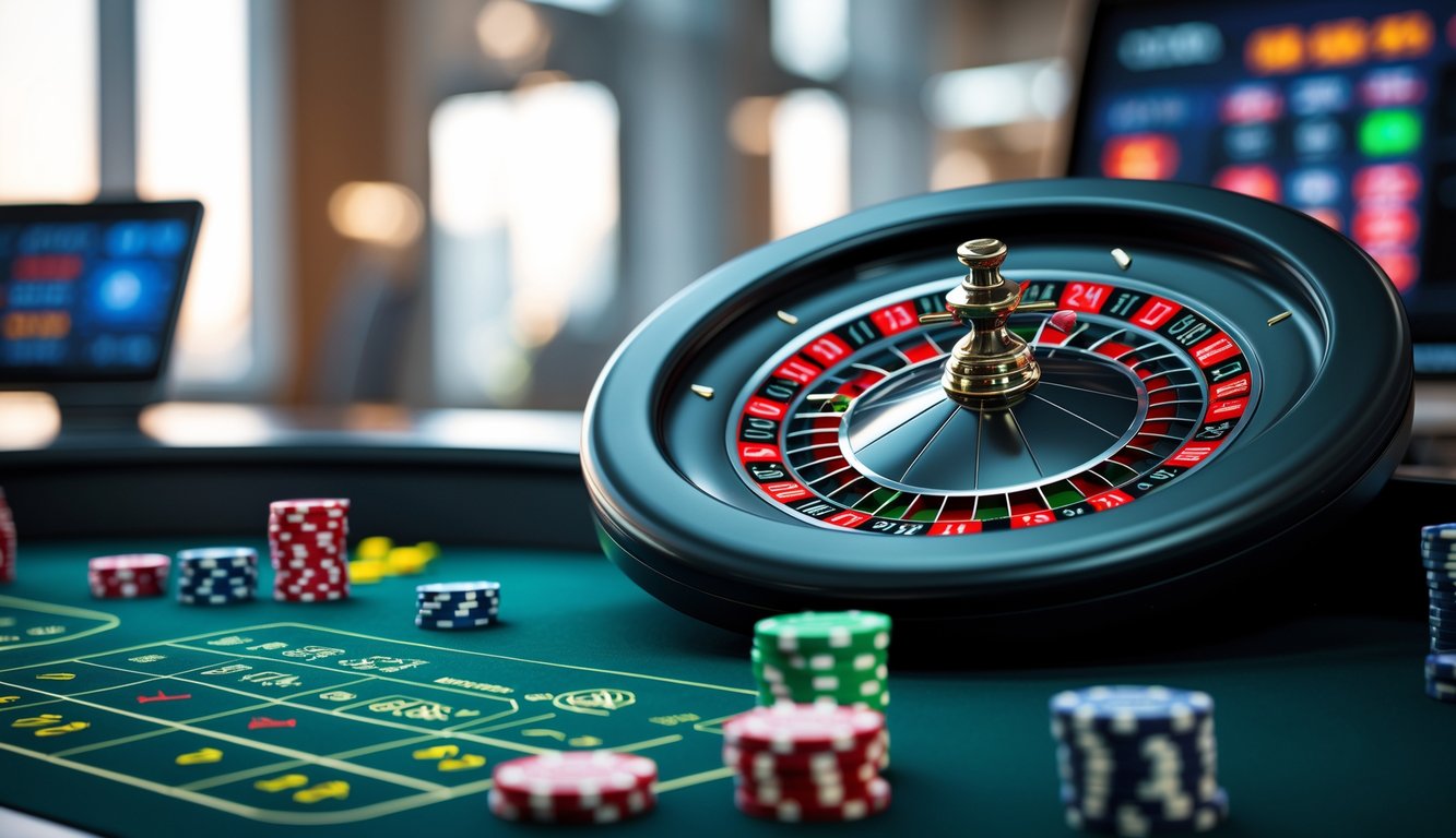 Sebuah layar komputer menampilkan permainan roulette online dengan roda roulette yang sedang berputar dan bola yang bergerak.