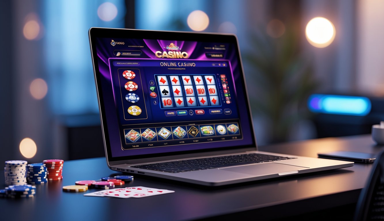Seorang pengguna sedang bermain permainan kasino online di depan komputer dengan latar belakang ruangan yang nyaman.
