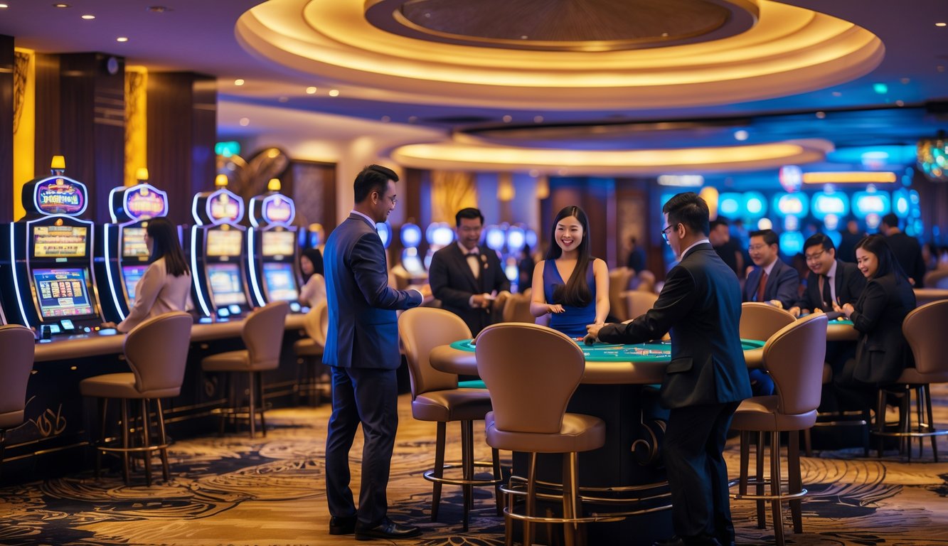 Suasana interior kasino modern di Indonesia dengan orang-orang bermain mesin slot dan meja poker dalam pencahayaan hangat.