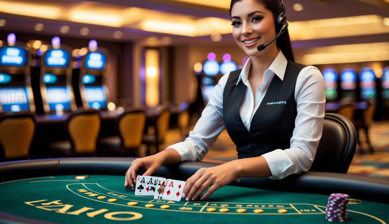 Seorang dealer kasino wanita duduk di meja kasino sedang membagikan kartu dengan latar belakang suasana kasino yang mewah.