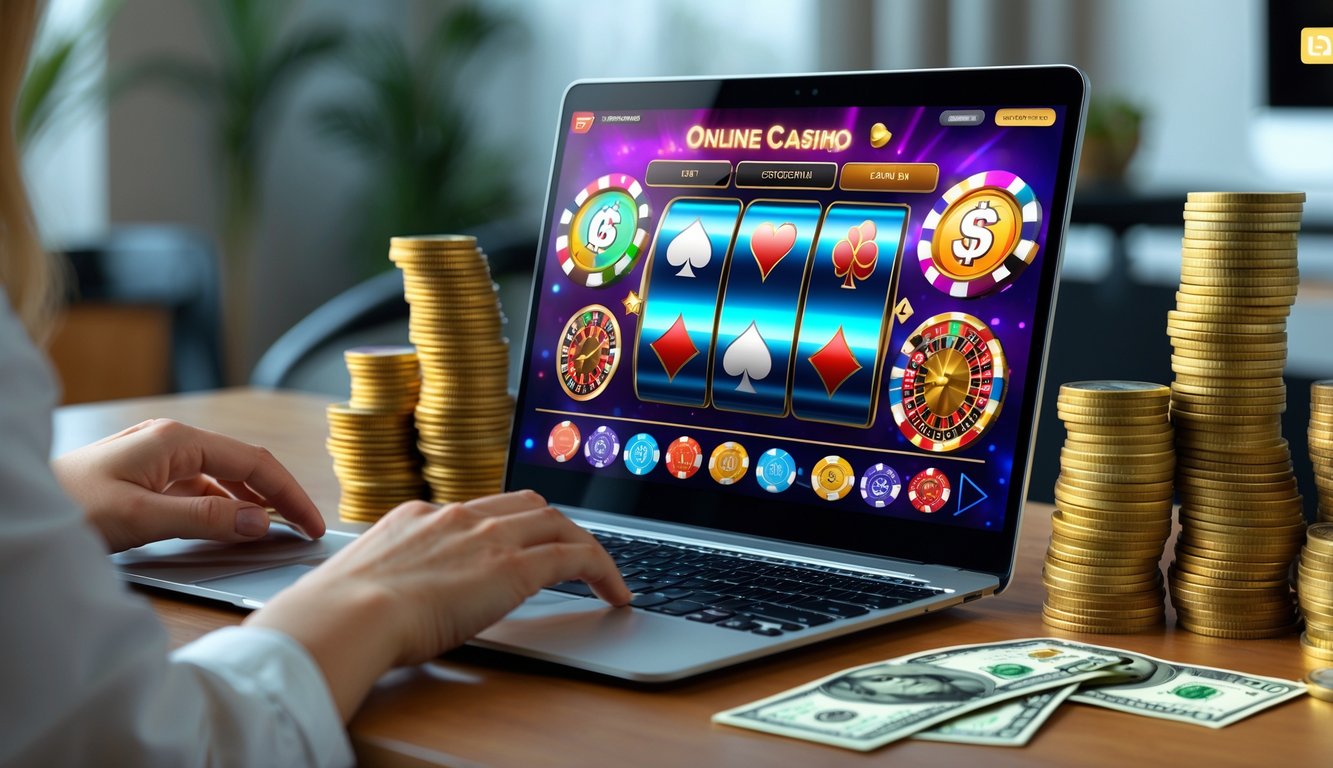 Orang menggunakan komputer dengan tampilan permainan kasino online dan tumpukan uang nyata di sekitar meja.