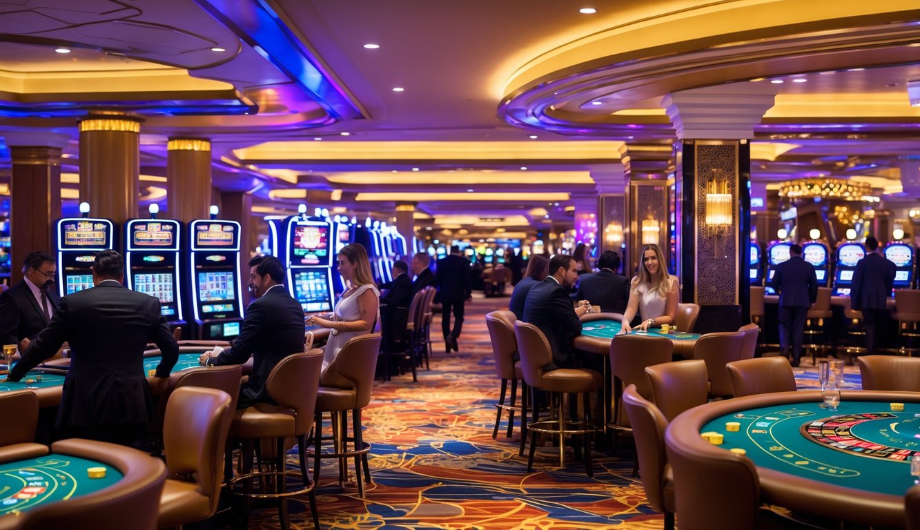 Suasana dalam kasino mewah dengan meja permainan dan orang-orang yang sedang bermain.