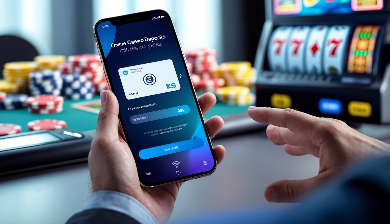Seseorang memegang smartphone yang menampilkan proses deposit di kasino online dengan latar belakang tema kasino.