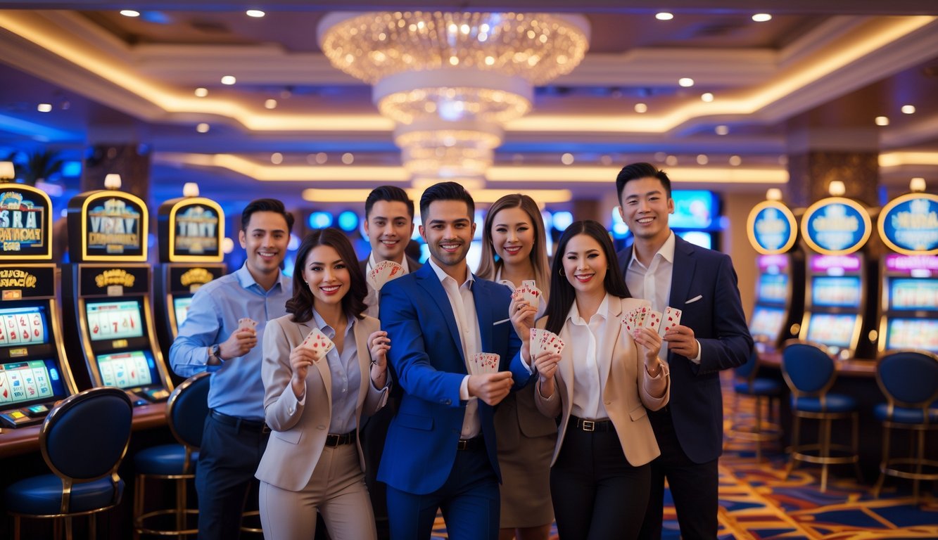 Orang-orang bahagia bermain mesin slot dan permainan kartu di dalam kasino yang mewah dan terang.