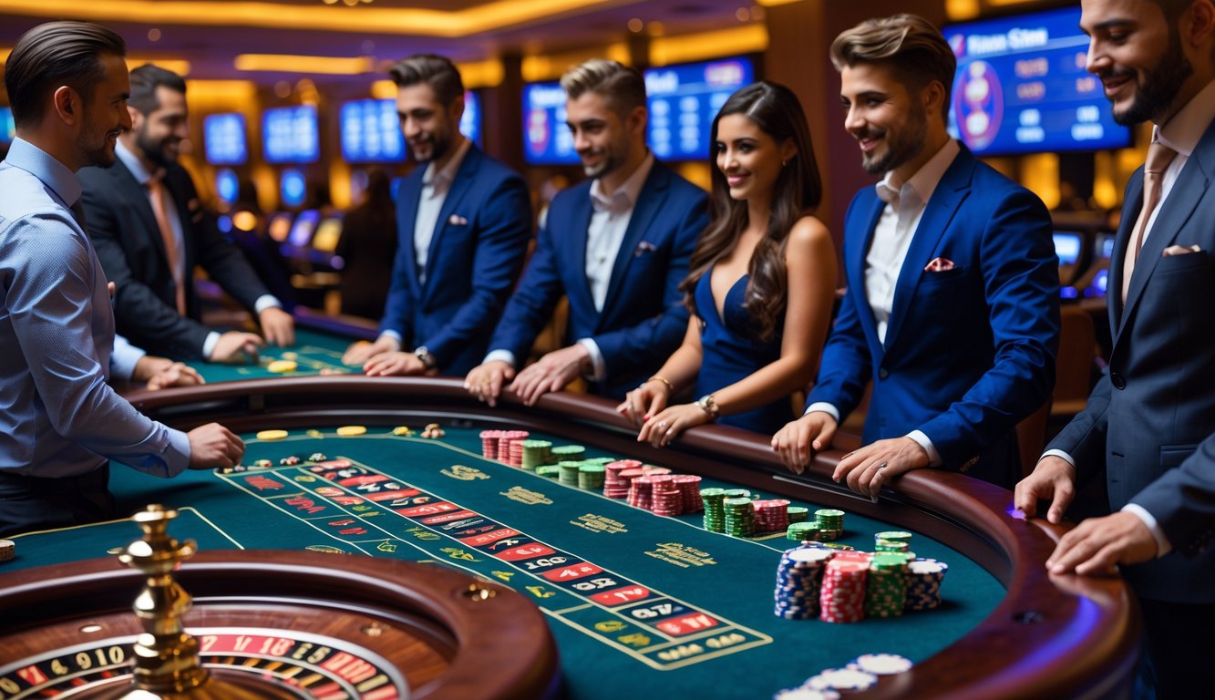 Suasana kasino langsung dengan orang-orang bermain permainan kasino di meja yang elegan dan dealer yang mengelola permainan.