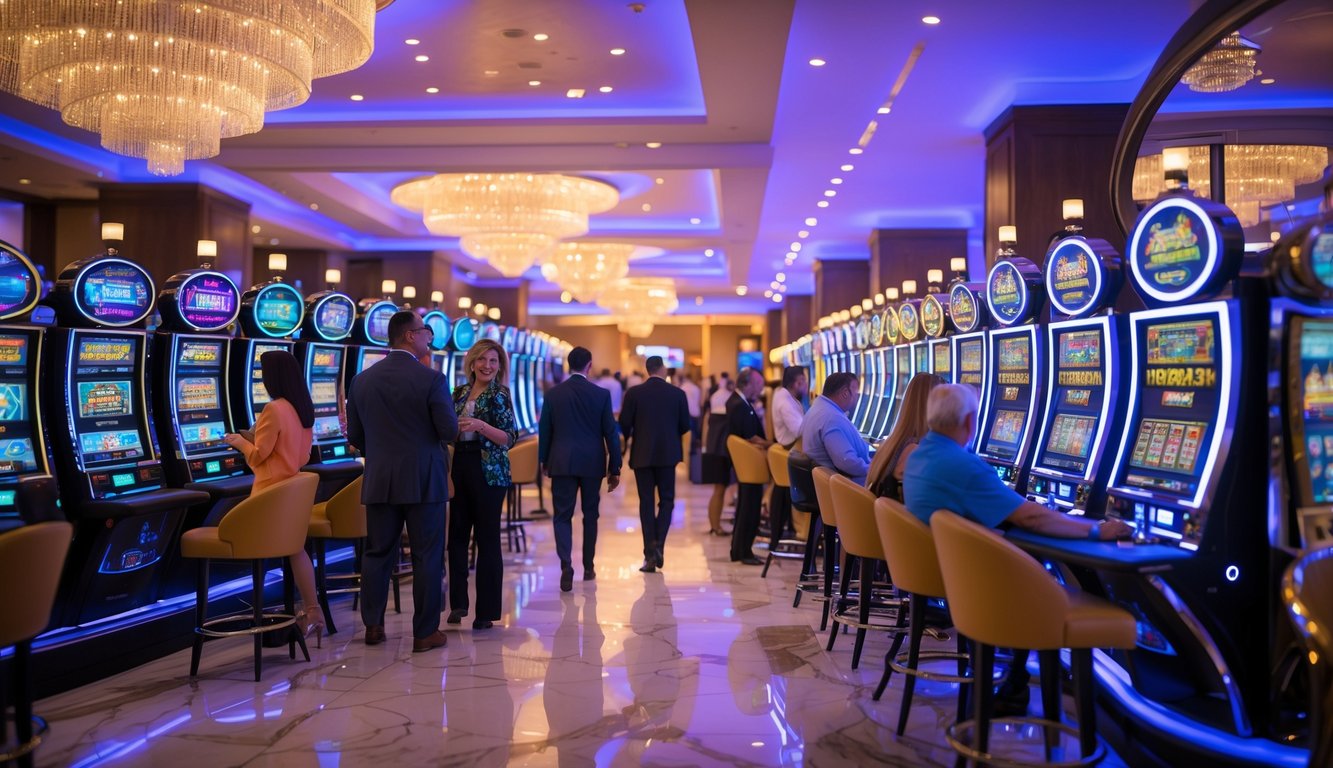 Interior kasino modern yang ramai dengan mesin slot canggih dan pengunjung yang sedang bermain.