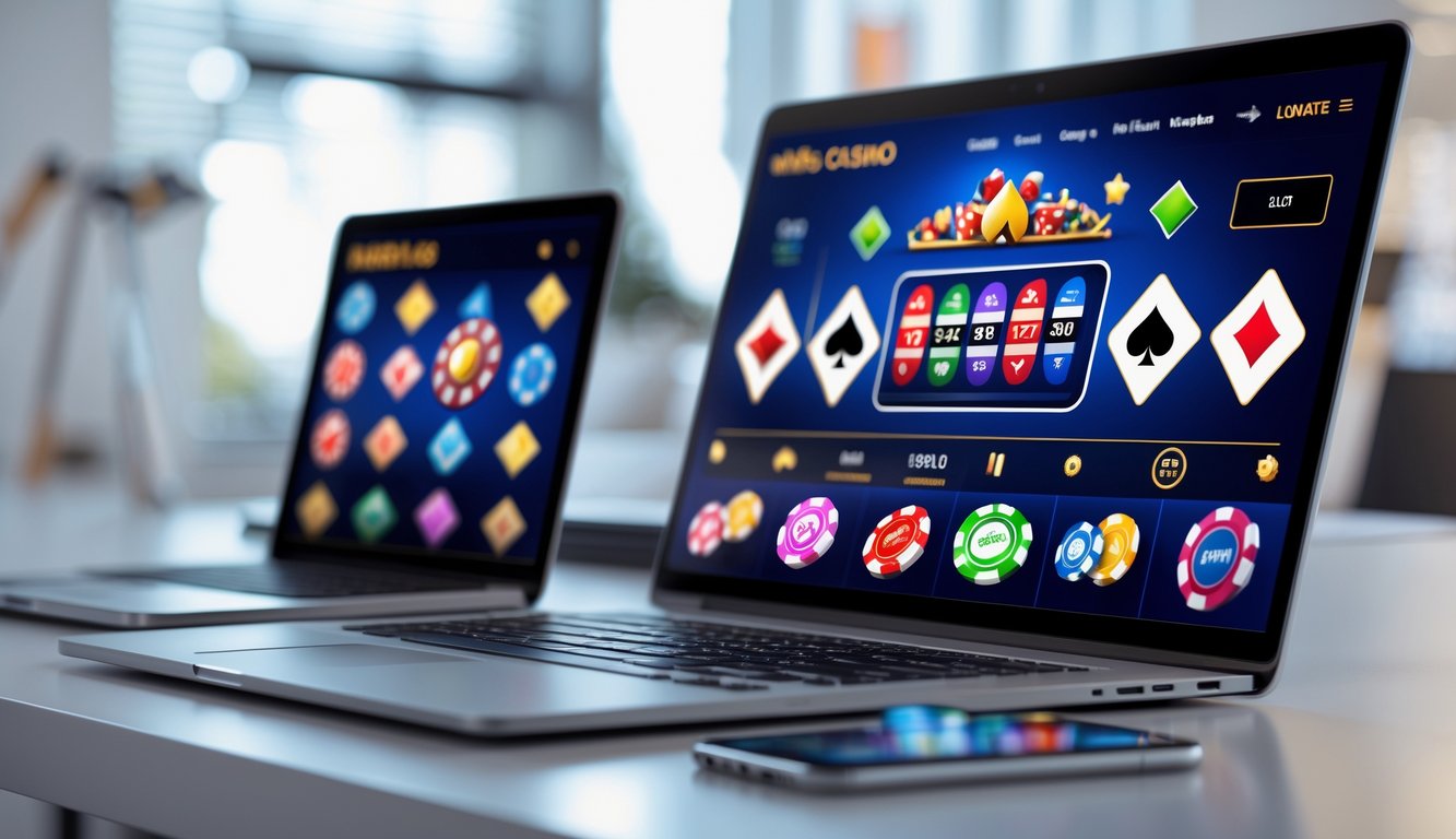 Antarmuka platform kasino online ditampilkan di laptop dan ponsel di atas meja kerja yang rapi.