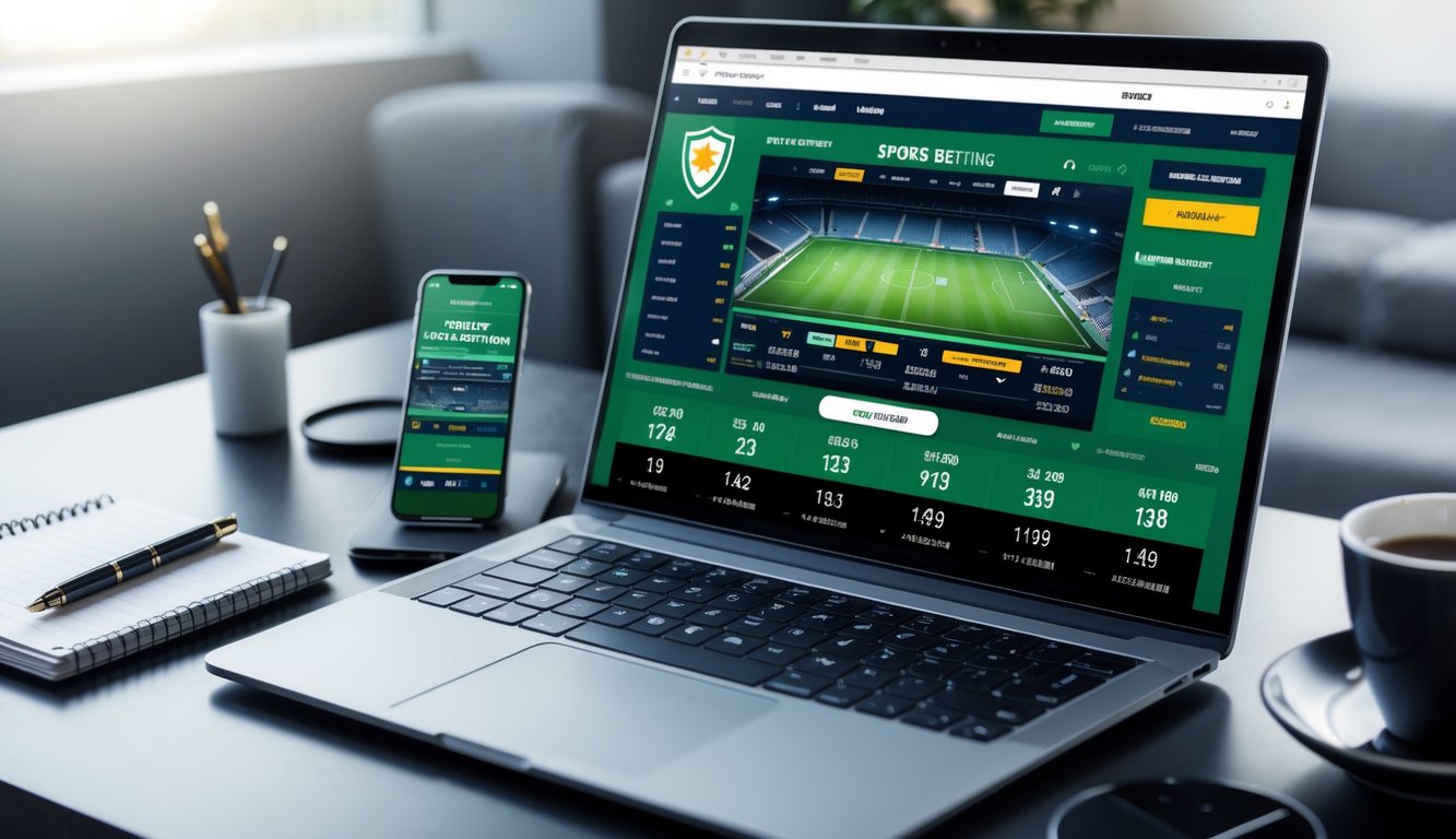 Seorang pria menggunakan laptop dengan tampilan antarmuka taruhan sepak bola online di meja kerja yang rapi.