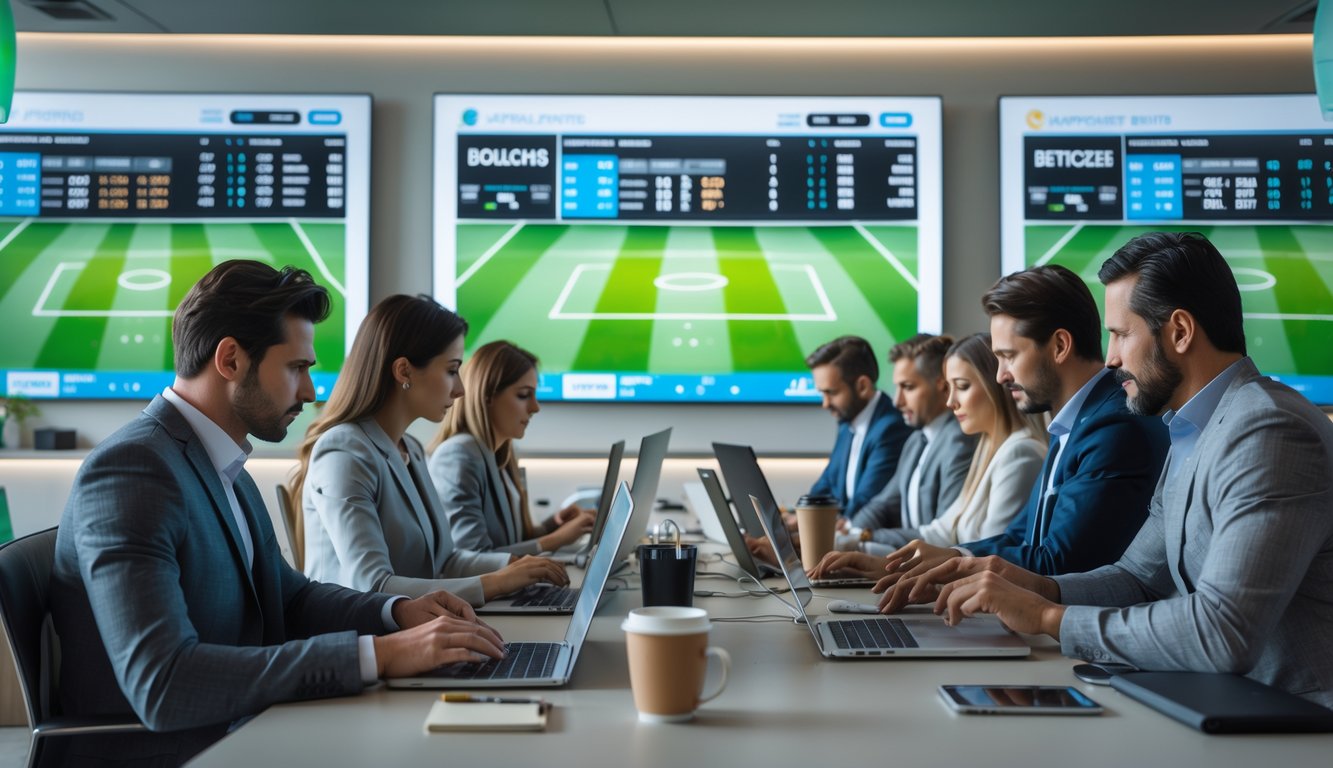 Orang-orang yang sedang menggunakan perangkat elektronik untuk melihat pertandingan sepak bola dan memasang taruhan di ruang modern.