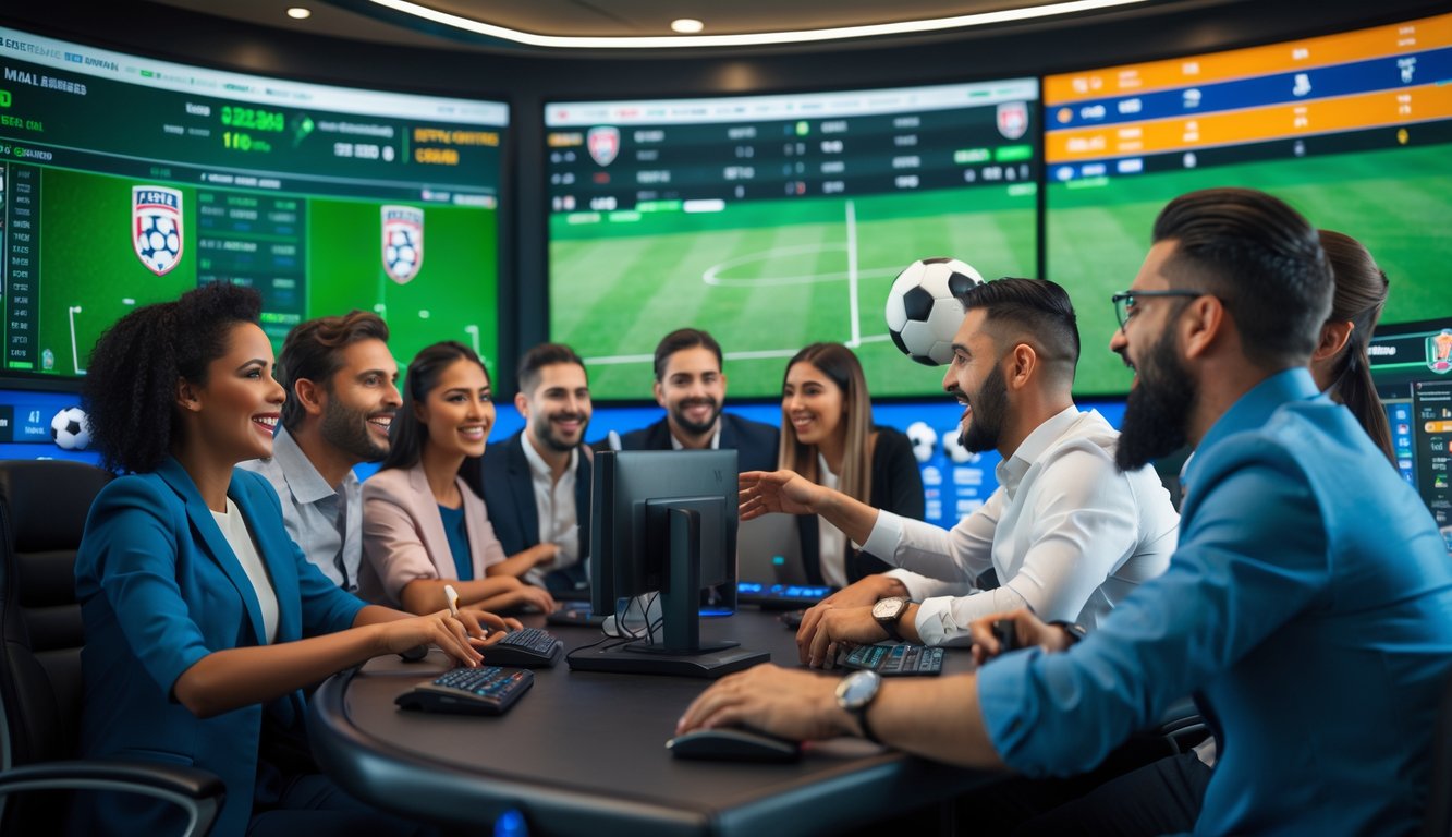 Beberapa orang sedang melihat layar digital yang menampilkan statistik pertandingan sepak bola dan opsi taruhan dalam sebuah ruang taruhan olahraga yang modern.