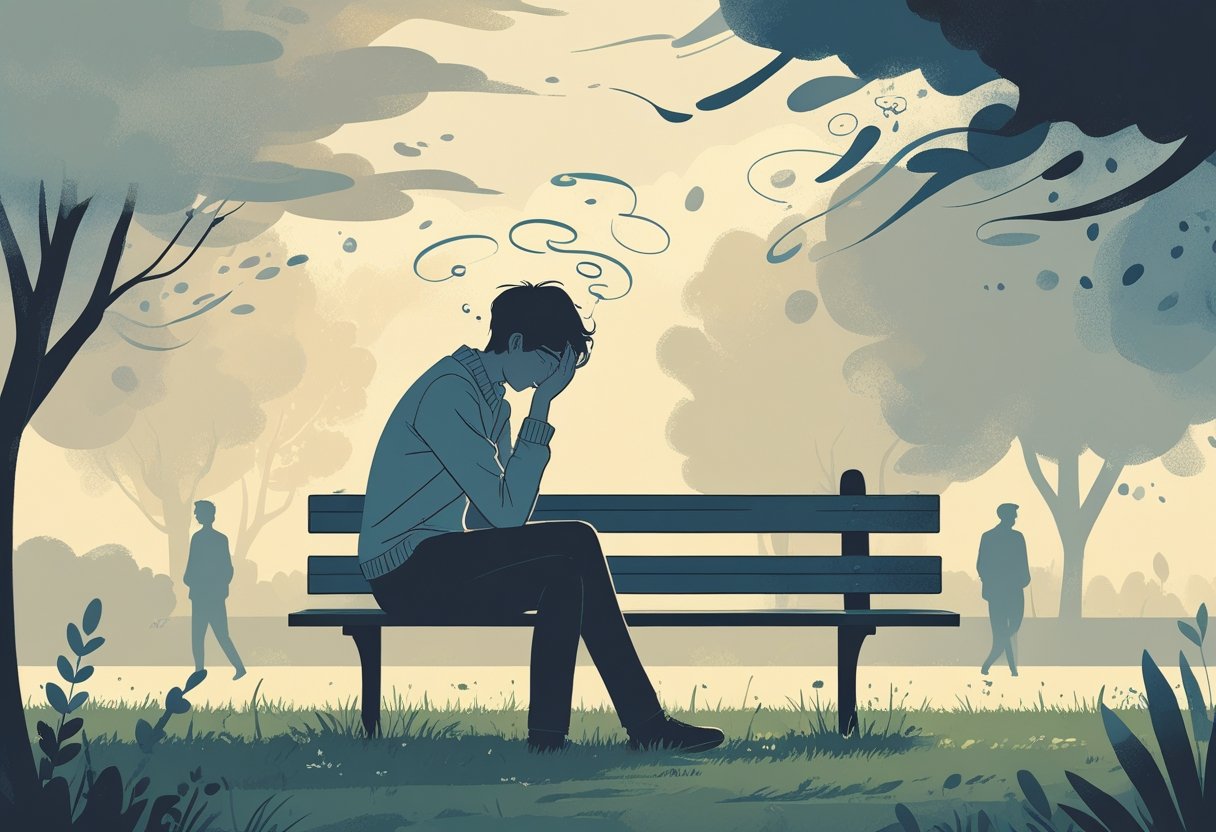 Pessoa sentada sozinha em um banco de parque, com expressão pensativa e ambiente tranquilo ao redor.