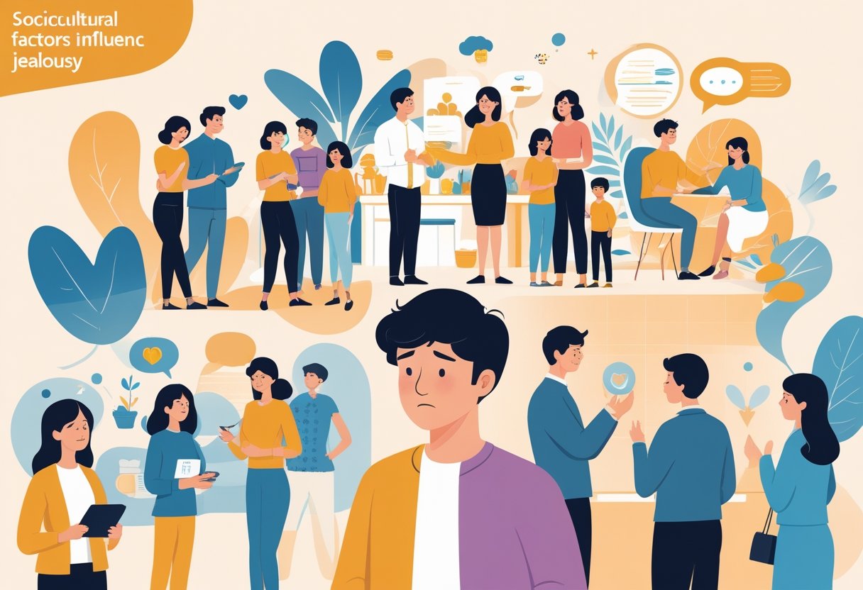 Pessoa pensativa cercada por outras pessoas em diferentes interações sociais, mostrando influências culturais e sociais sobre sentimentos de ciúmes.