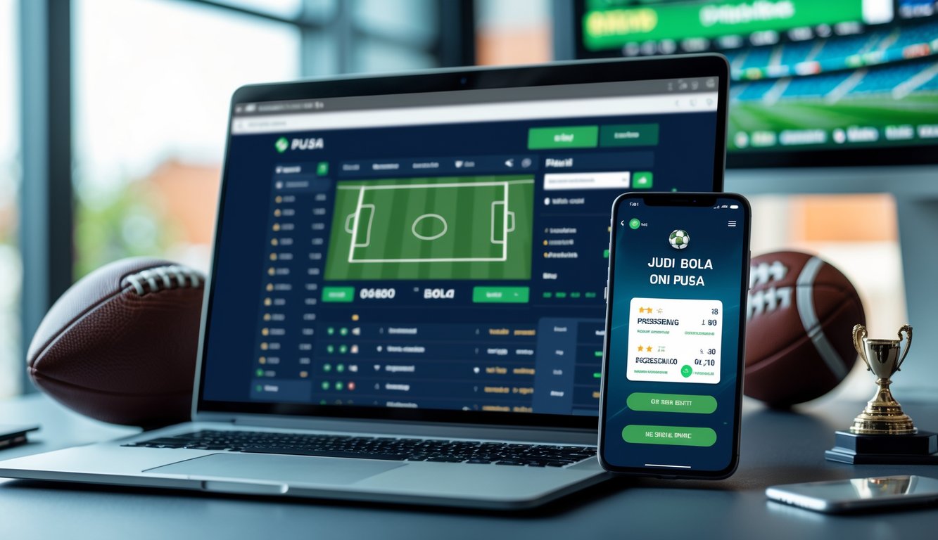 Meja kerja dengan laptop menampilkan situs judi bola online dan ponsel yang menunjukkan transaksi deposit pulsa, dengan bola sepak di dekatnya.