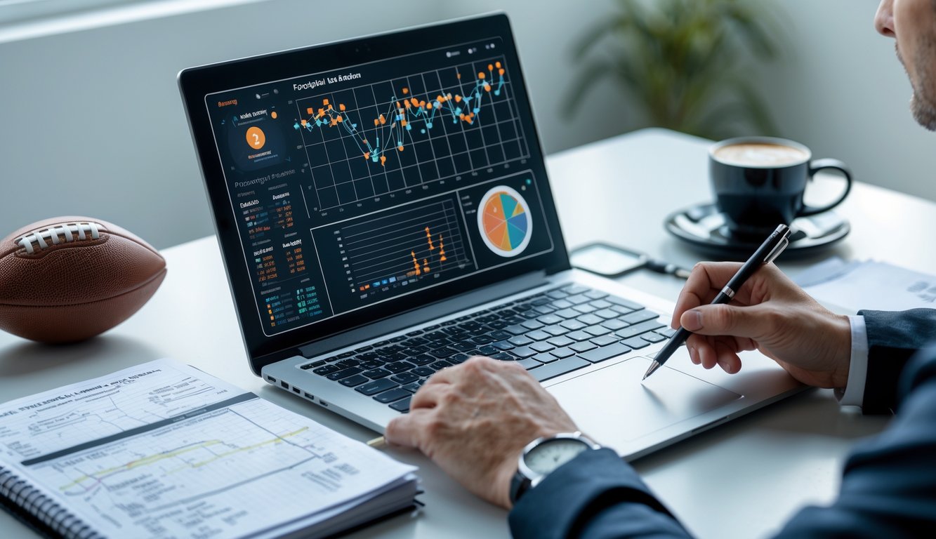 Seseorang sedang menganalisis data sepak bola di meja kerja dengan laptop, ponsel, dan catatan.
