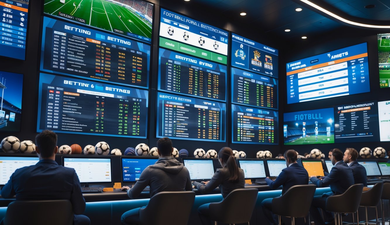 Suasana ruang taruhan sepak bola dengan beberapa layar digital menampilkan pertandingan dan peluang taruhan, serta orang-orang yang sedang memasang taruhan menggunakan perangkat elektronik.