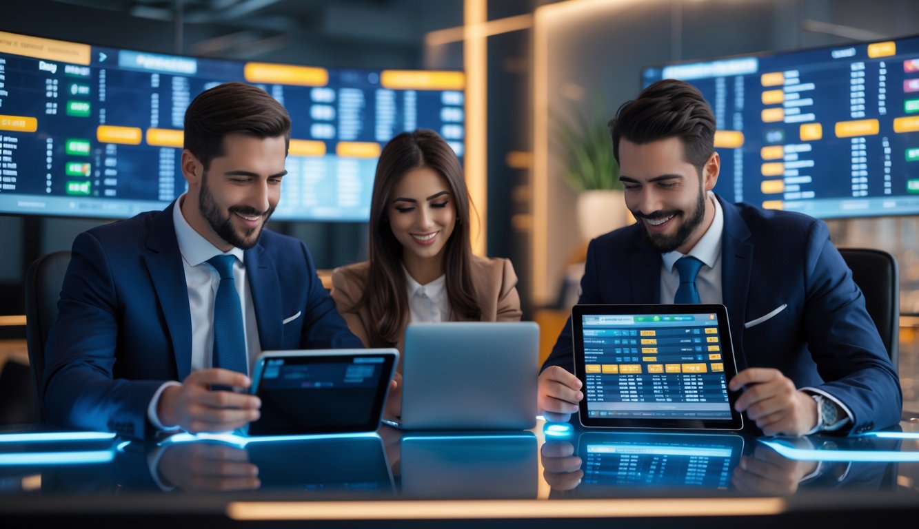 Dua orang profesional sedang duduk di meja dengan beberapa layar digital menampilkan pertandingan sepak bola dan peluang taruhan.