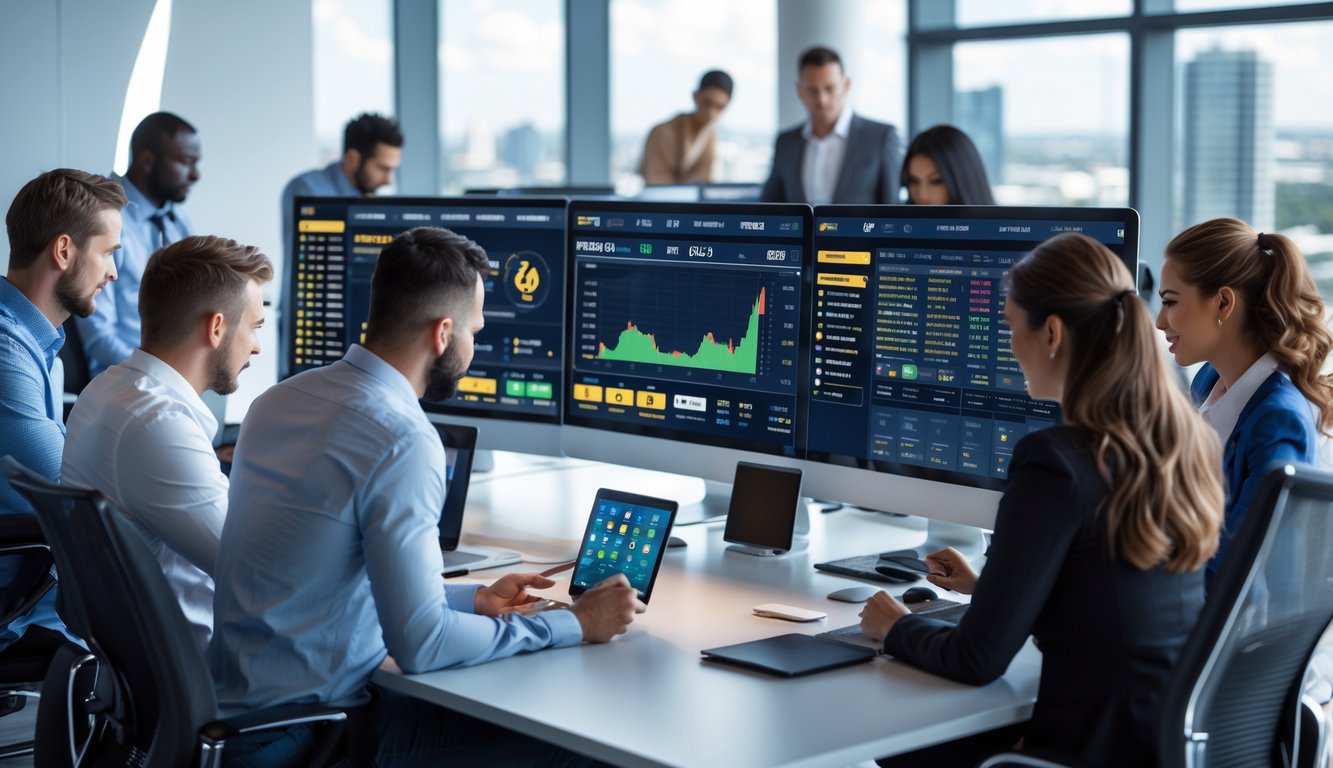 Orang-orang sedang menganalisis statistik pertandingan sepak bola di kantor modern dengan beberapa monitor komputer.