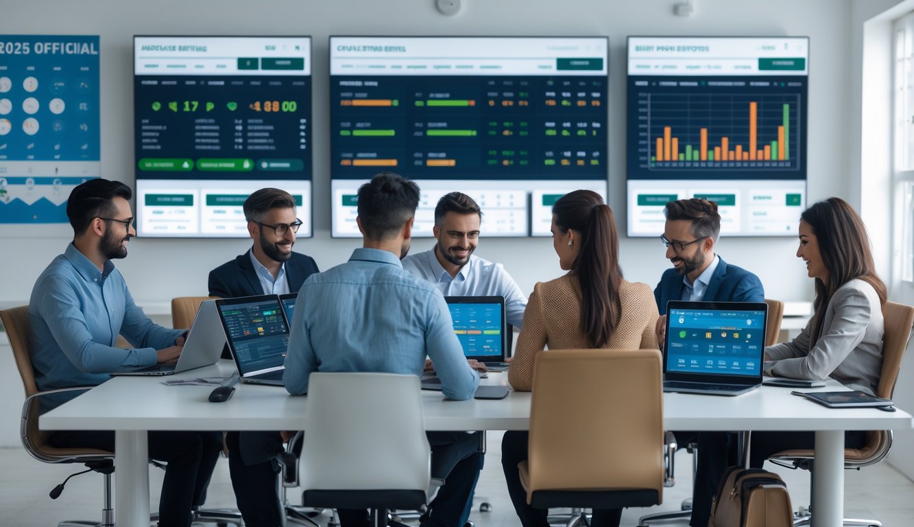 Orang-orang bekerja di kantor modern dengan layar digital menampilkan data sepak bola dan taruhan olahraga.