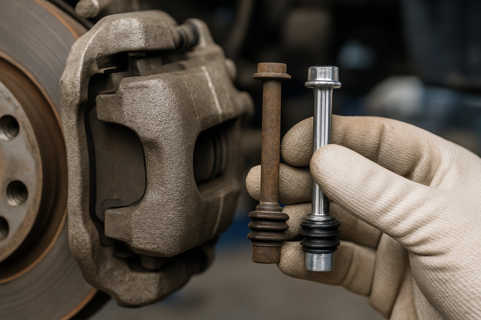Close-up of a mechanic's gloved hand holding a rusty caliper slide pin next to a new one with a car brake assembly in the background.
