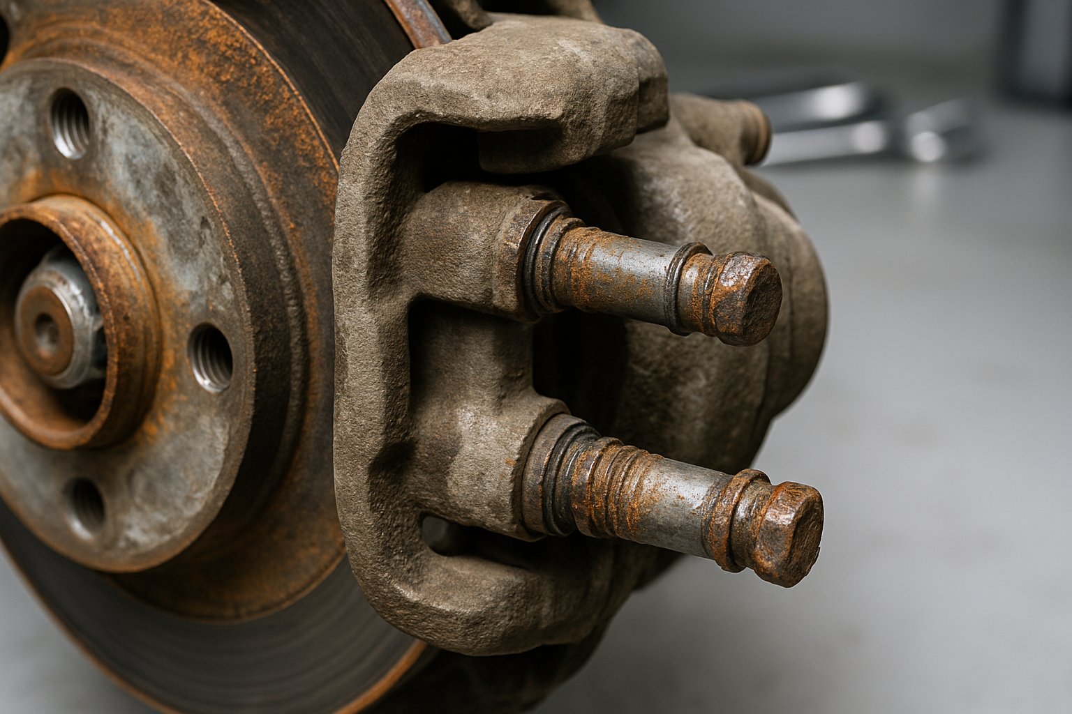 Close-up of a car brake caliper assembly showing rusty and worn caliper slide pins.