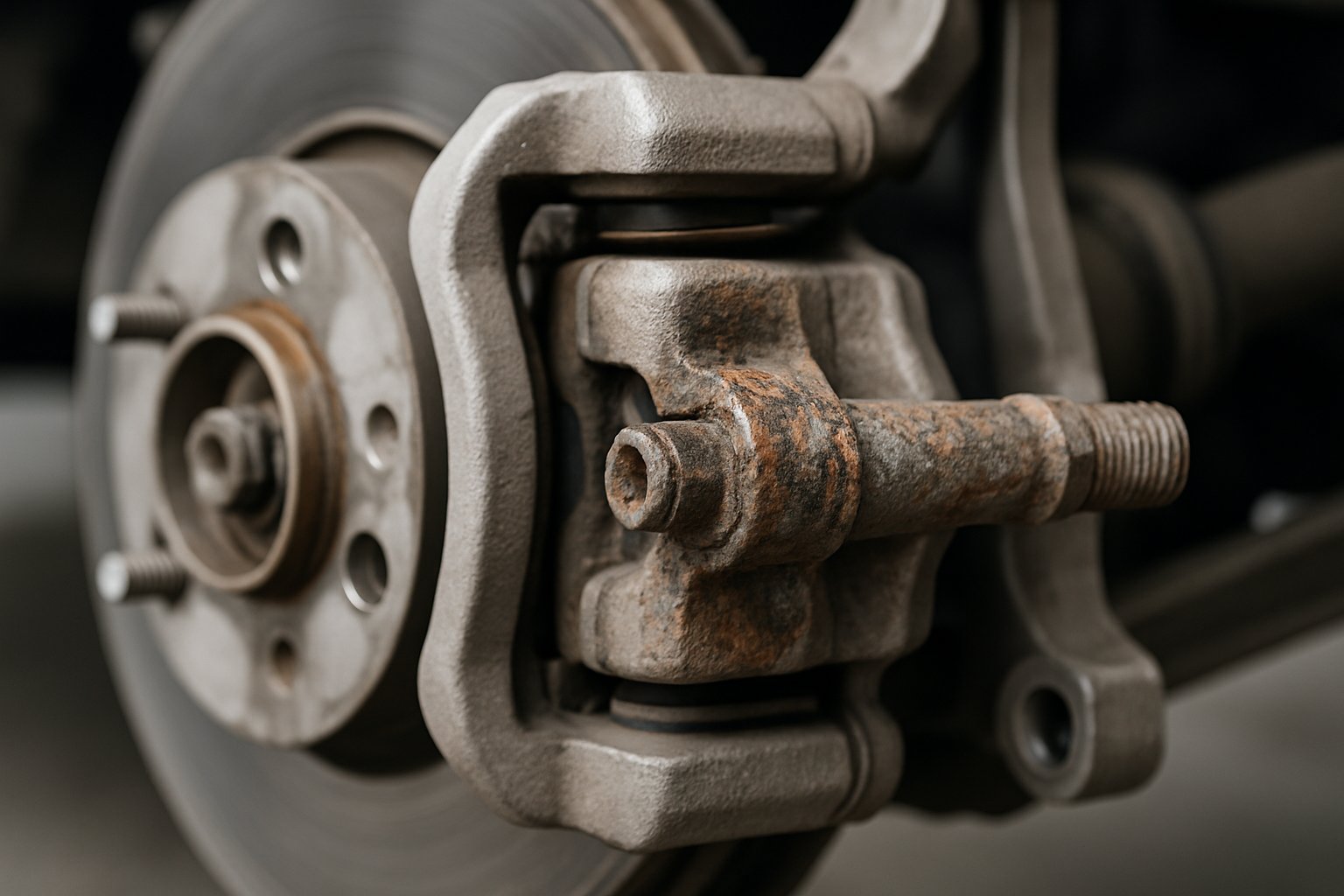 Close-up of a car brake caliper assembly showing worn and rusty caliper slide pins among other brake components.