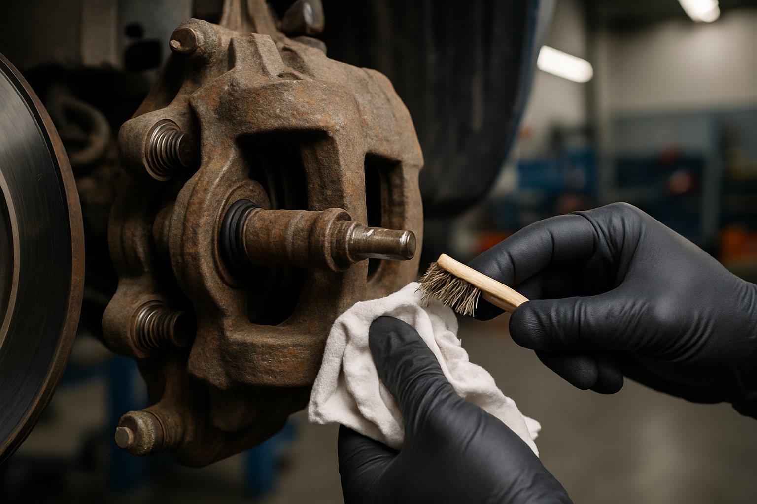 Close-up of a mechanic inspecting and cleaning car brake caliper slide pins in an automotive workshop.