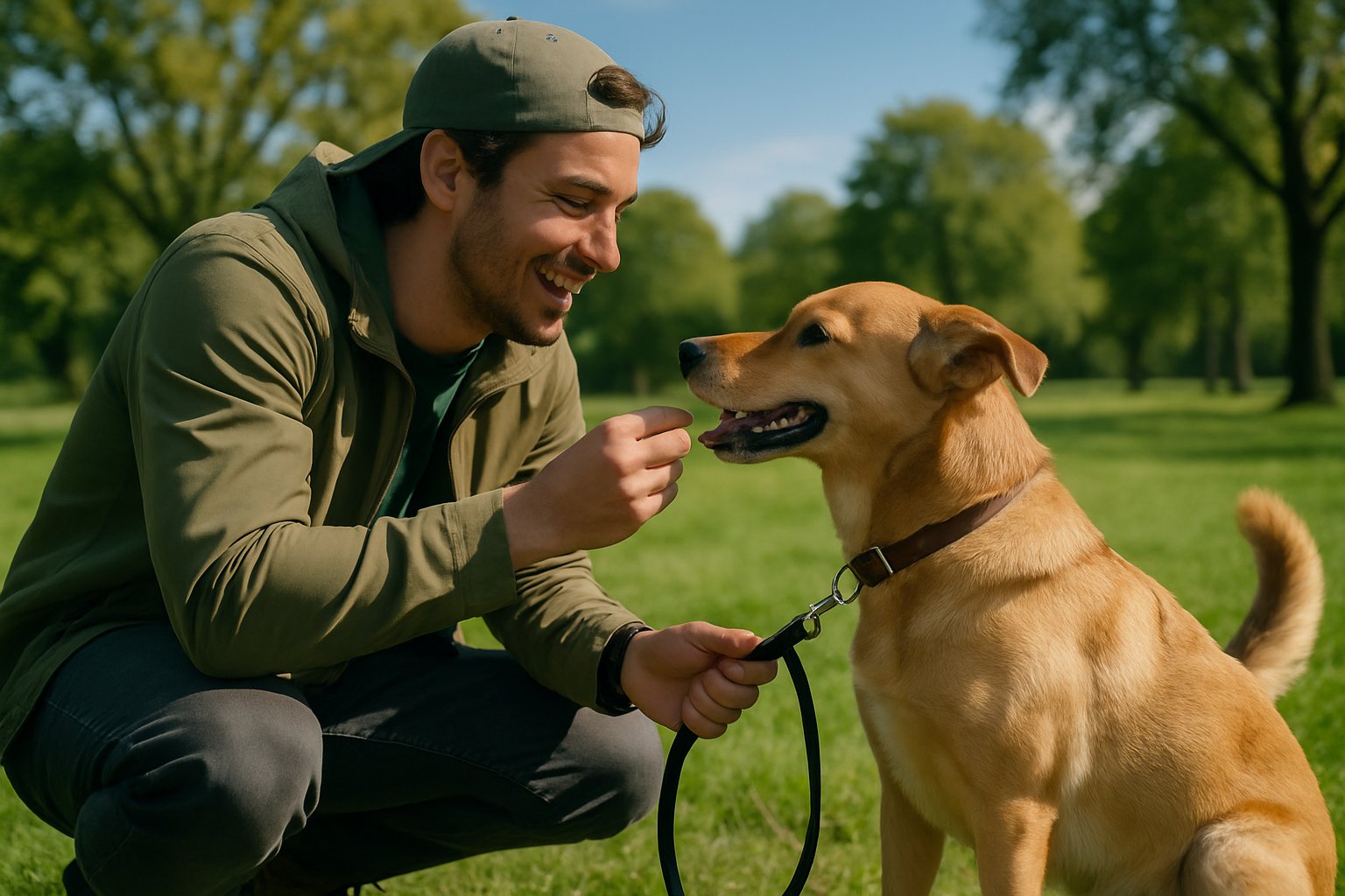 A dog walker crouching down and interacting closely with a happy dog in a sunny park.