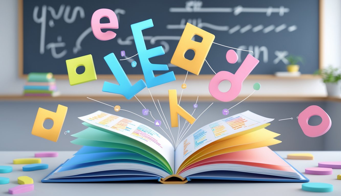 Ilustracija otvorene knjige s prikazom riječi podijeljenih na tri sloga, s bojama koje naglašavaju svaki slog, u učionici s pločom u pozadini.