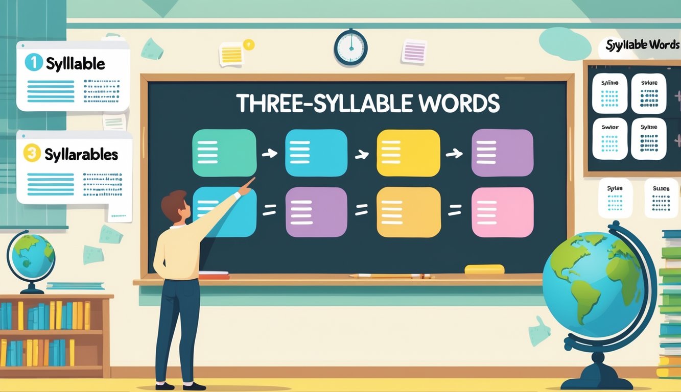 Učionica s nastavnikom koji pokazuje na ploču s tri riječi podijeljene na tri sloga, okružena jezikoslovnim pomagalima.