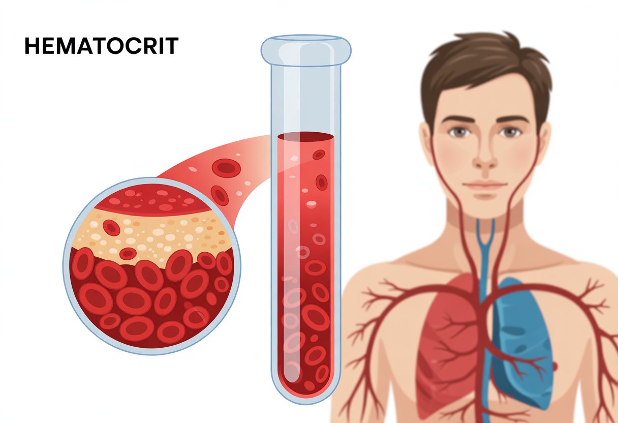 A detailed illustration showing a blood sample in a test tube with red blood cells settled at the bottom and plasma on top, alongside a human figure highlighting the circulatory system.