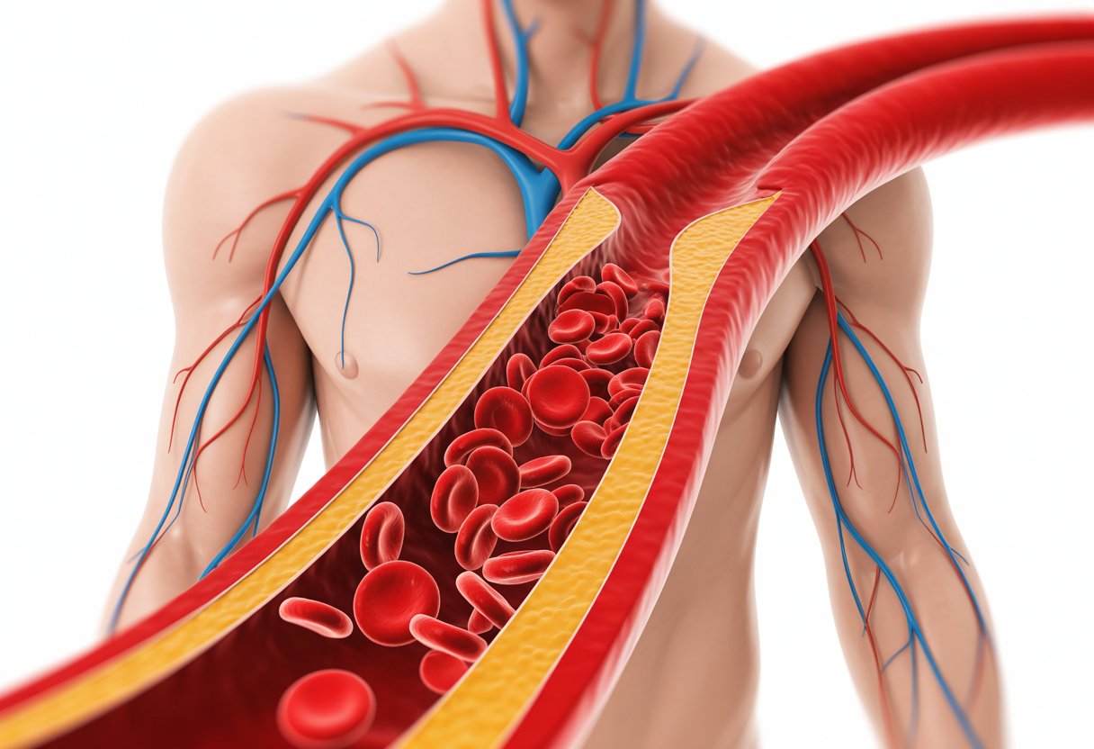 Close-up illustration of a blood vessel showing a high concentration of red blood cells inside.