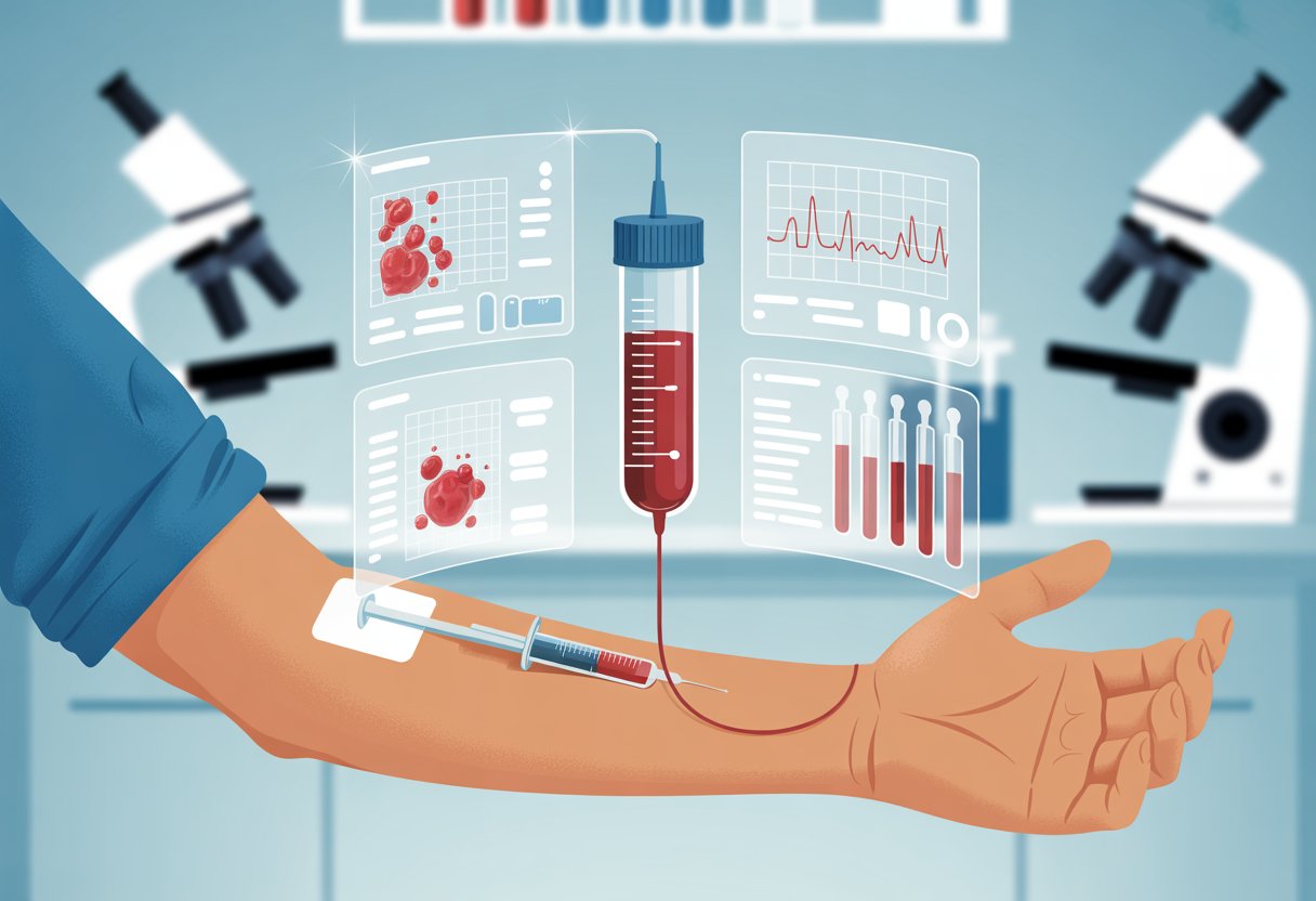 A close-up of a blood sample being drawn from an arm with surrounding graphical representations of various blood test results in a medical laboratory setting.