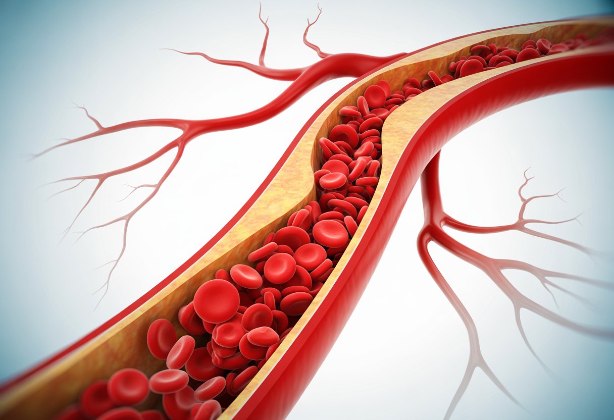 Close-up cross-section of a blood vessel showing a high concentration of red blood cells inside.