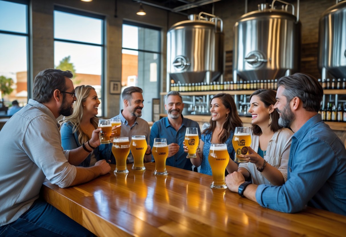 A group of people tasting craft beers and socializing inside a brewery taproom with brewing equipment and city views in the background.