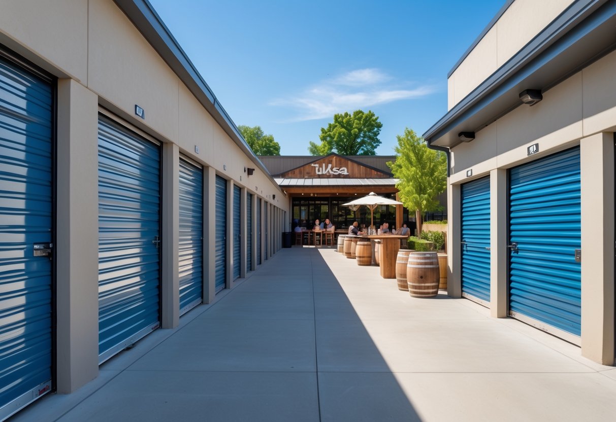 A modern storage facility with rows of storage units and a brewery with outdoor seating in the background under a clear sky.