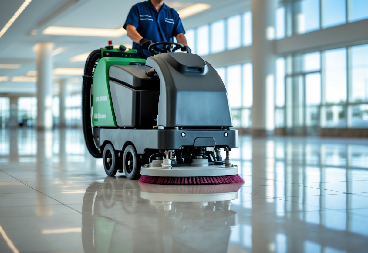 A commercial floor scrubber being operated by a person cleaning a shiny floor in a bright, spacious commercial building.