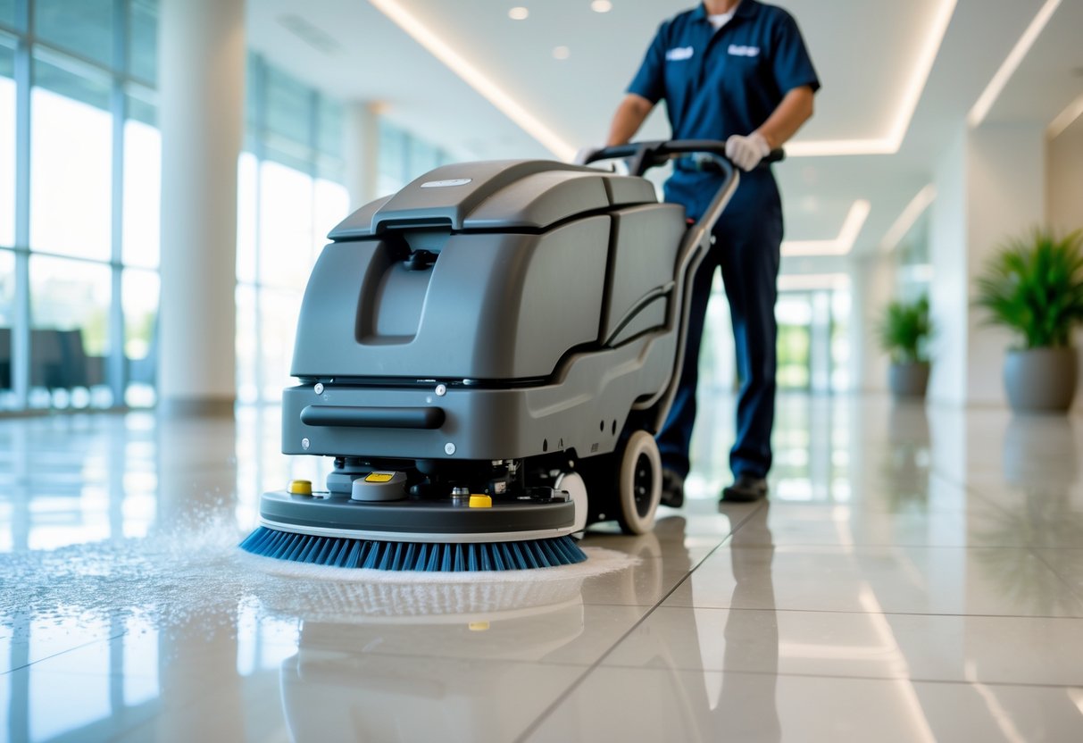 A commercial floor scrubber cleaning a shiny tiled floor inside a large, bright commercial space with an operator guiding the machine.