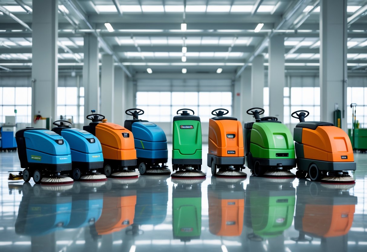 Various types of commercial floor scrubbers displayed in a clean, bright industrial space with polished floors.