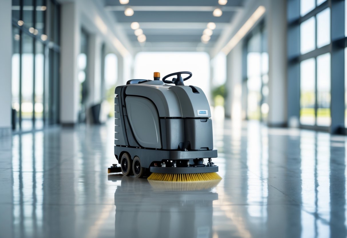 A commercial floor scrubber machine on a clean, shiny floor inside a large, well-lit building.