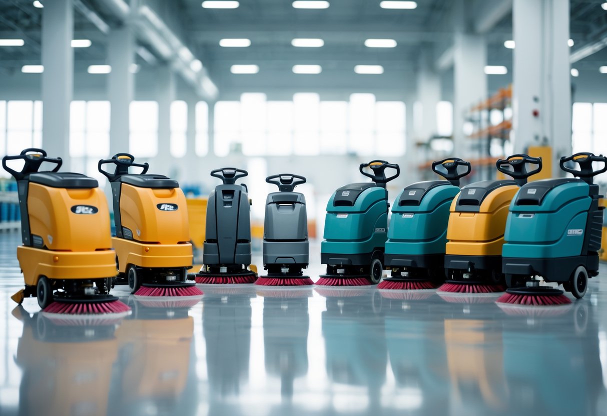 Multiple commercial floor scrubber machines displayed in a clean, bright commercial facility with shiny floors.