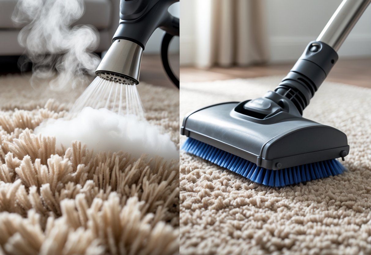Close-up of carpet fibers being cleaned by a steam cleaner on one side and a carpet cleaner brush on the other side.
